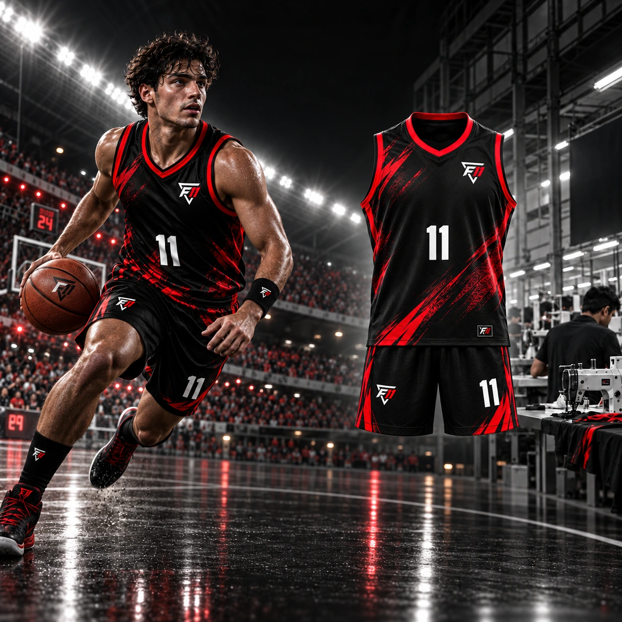 Basketball teamwear campaign with an athlete and a matching kit