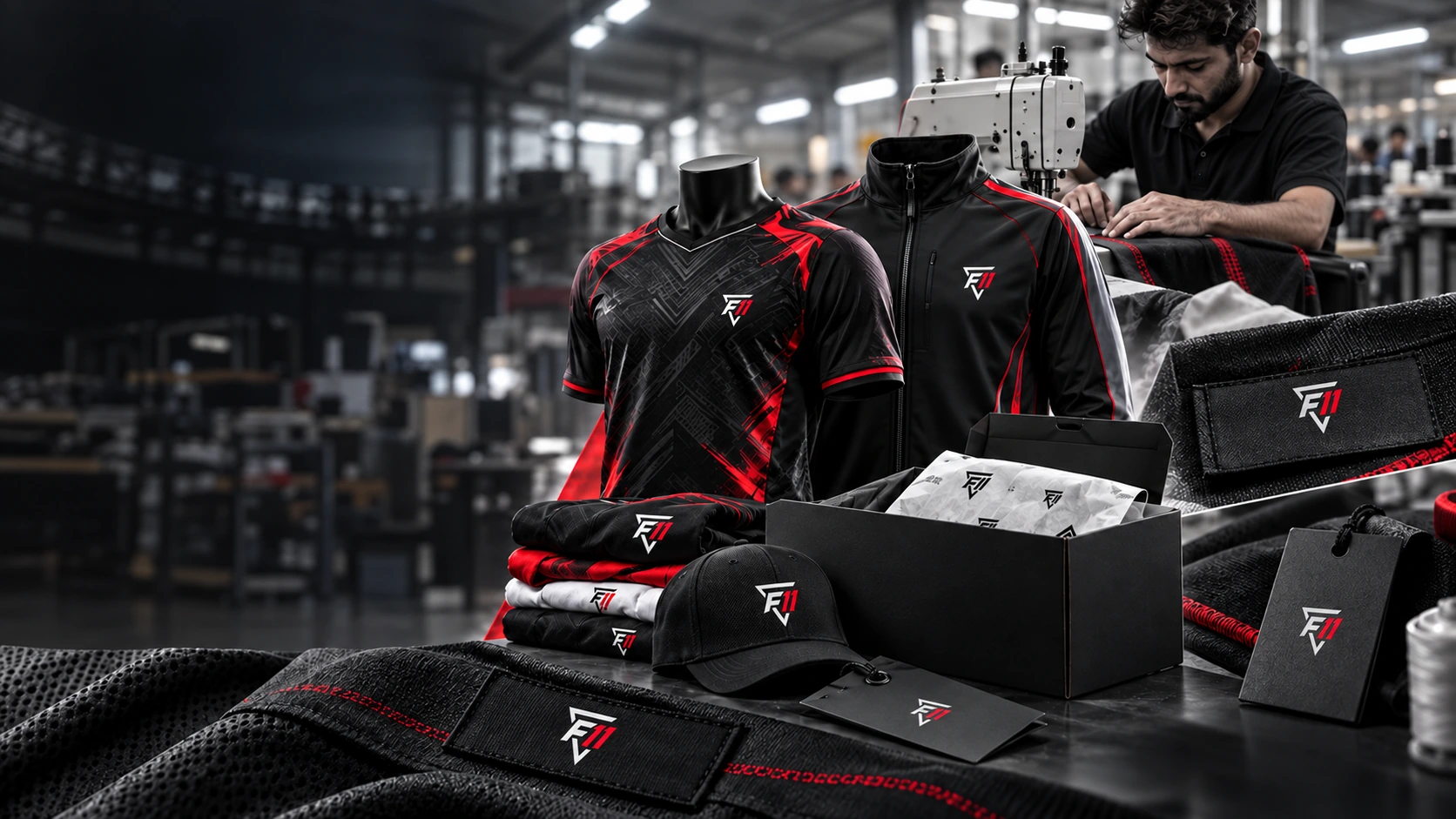 A coordinated private-label sportswear range with garments, labels and packaging