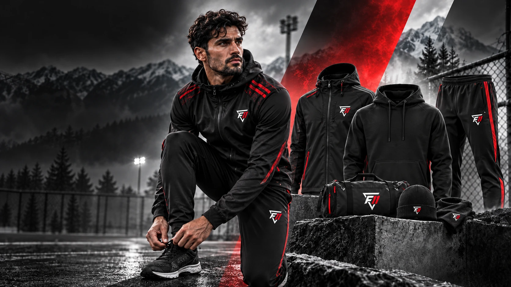 Athlete preparing to train beside black and red hoodies, outerwear and training accessories